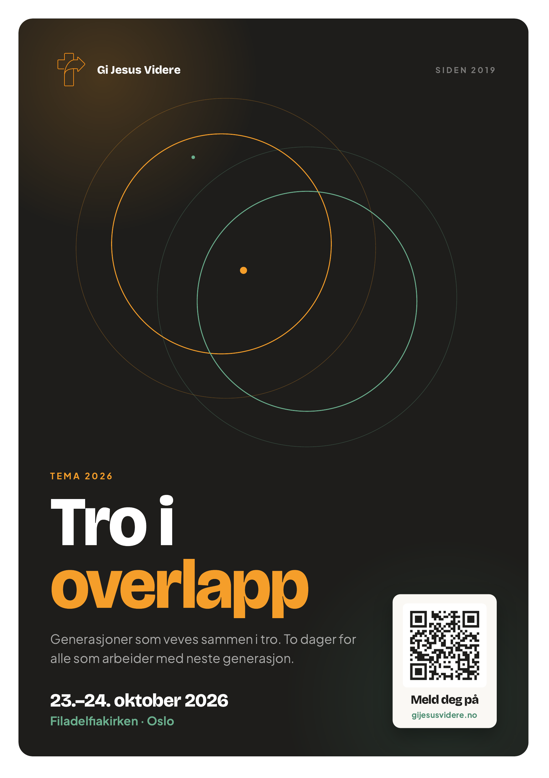 Plakat: Tro i overlapp — Gi Jesus videre 23.–24. oktober 2026, Filadelfiakirken Oslo
